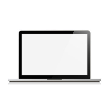 Laptop with blank white screen front view