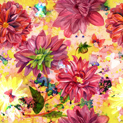Seamless dahlia flowers pattern on abstract artistic grunge backround