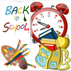 Back to school sign, banner, coloured big red alarm big clock, Yellow Schoolbag with brushes,color palette, Study icon,vector
