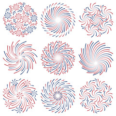 Set of two colors fireworks. Navy blue and red. Vector illustration.