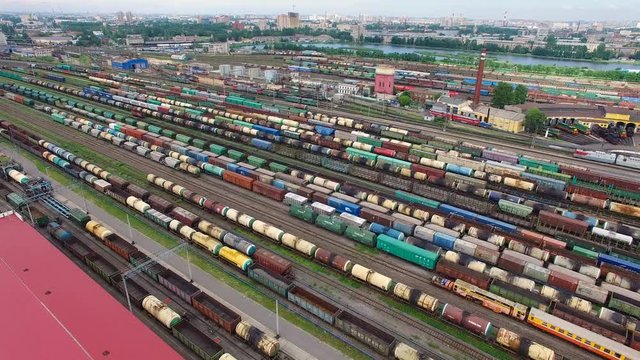 Railway yard with a lot of railway lines and freight trains, Rail freight marshalling yard, Russian Railways.
