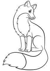 Coloring pages. Wild animals. Little cute fox smiles.