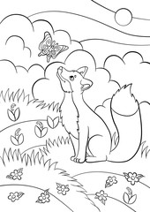Coloring pages. Wild animals. Little cute fox looks at the butterfly