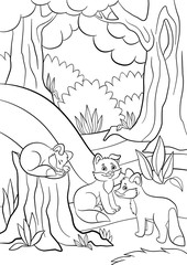 Coloring pages. Wild animals. Three little cute baby fox.