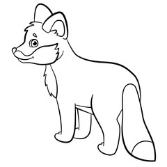 Coloring pages. Wild animals. Little cute baby fox smiles.