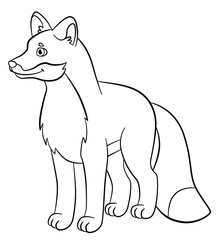 Coloring pages. Wild animals. Little cute fox smiles.