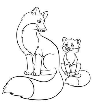 Coloring pages. Wild animals. Mother fox with her little cute baby fox