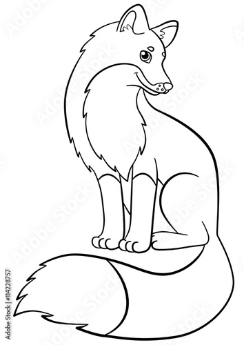 "Coloring pages. Wild animals. Little cute fox smiles." Stock image and