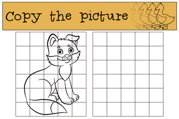 Children games: Copy the picture. Little cute baby fox smiles.