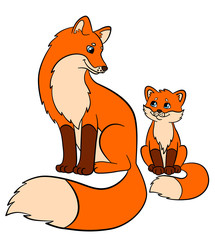 Cartoon wild animals for kids: Fox. Mother fox with her little cute baby fox