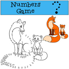Educational games for kids: Numbers game. Mother fox with her little cute baby fox