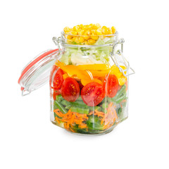 Prepared for canning colorful vegetables in glass jar with clip