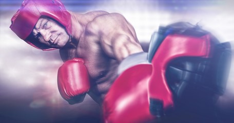 Composite image of rear view of boxer standing