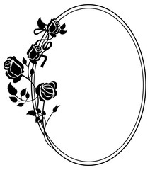 Round black and white frame with roses silhouettes. Vector clip art.