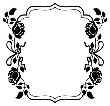 Black and white frame with roses silhouettes. Vector clip art.