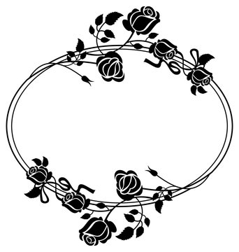 Round black and white frame with roses silhouettes. Vector clip art.