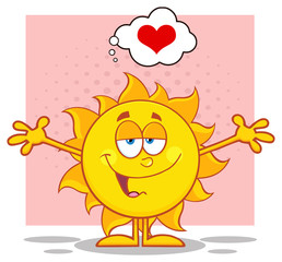 Smiling Sun Cartoon Mascot Character With Open Arms And A Heart