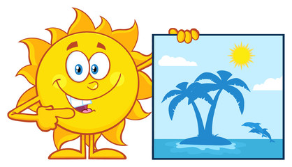 Talking Sun Cartoon Mascot Character Pointing To A Poster Sign With Tropical Island
