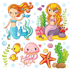 Couple smiling jellyfish floating in the sea. Vector illustration of jellyfishes on a background of pink flowers.