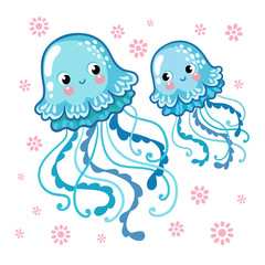 Fototapeta premium Couple smiling jellyfish floating in the sea. Vector illustration of jellyfishes on a background of pink flowers.