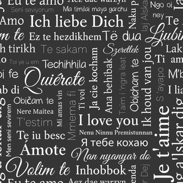 Word cloud pattern. Phrase I love you in different languages of the world. Vector seamless background on black.