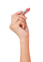 The Hand Holds A Bright Red Lipstick On White Background.