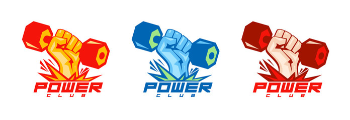 Arm with dumbbell body-building symbols.