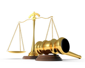 Legal and law symbols, gold scales and gold gavel on white backg