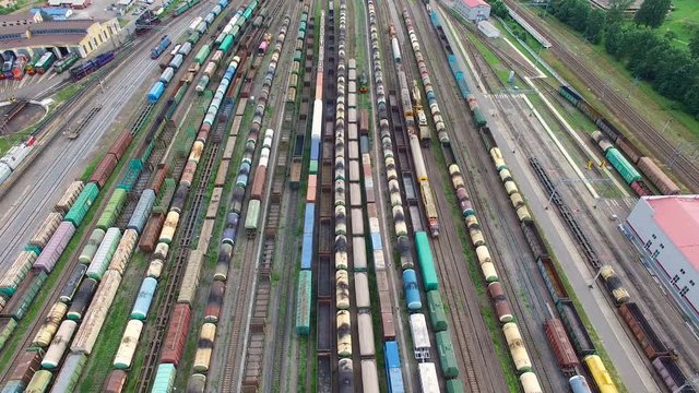 Railway yard with a lot of railway lines and freight trains, Rail freight marshalling yard, Russian Railways.