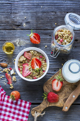 Ready-made granola with dried strawberries and almonds. Healthy breakfast  cereal muesli,   fresh 