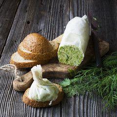 Green oil with herbs. creamy homemade butter bar  fresh seasonal 