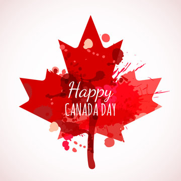 Happy Canada Day watercolor background. Holiday poster with red Canada maple leaf. Grunge canadian flag illustration. Design for banner or greeting cards.