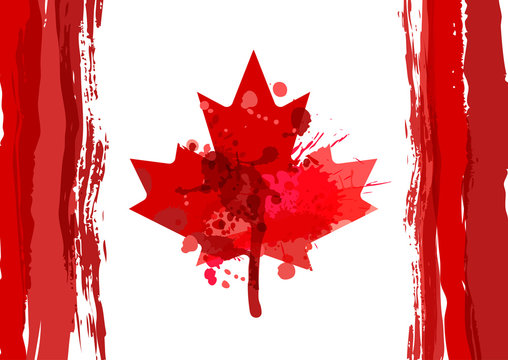 Holiday poster with hand drawn watercolor Canada maple leaf. Happy Canada Day watercolor horizontal background. Grunge canadian flag illustration. Design for banner or greeting cards.