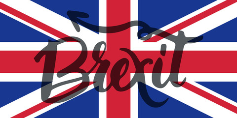 Brexit hand lettering text with United Kingdom flag and EU flag. Vector background about referendum in Great Britain