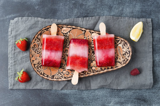 Homemade strawberry raspberry lemon ice lollies