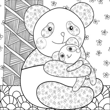 Coloring page cute panda hugging his baby. Whimsical line art vector illustration for print, decoration, greeting card, coloring book