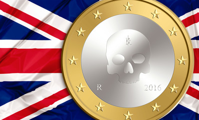 UK flag and an euro coin with skeleton inside. Financial concept for leave and exit from europe, debit, bankruptcy and saving time running out