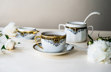 Traditional English tea, still life with peonies