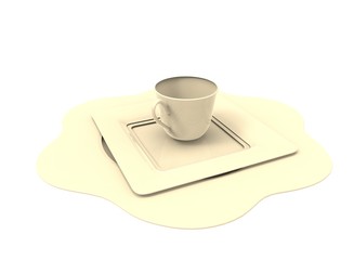 3d illustration of cup on plates. icon for game web. white background isolated. 