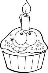 Black and white illustration of a cupcake with a candle.