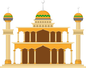 Muslim mosque isolated flat facade on white background. Flat with shadows architecture object. Vector cartoon design. Beautiful muslim temple icon illustration. Eastern cultural landmark. 