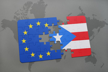 puzzle with the national flag of puerto rico and european union on a world map