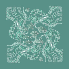 Vector vintage marine pattern on aquamarine background. 
