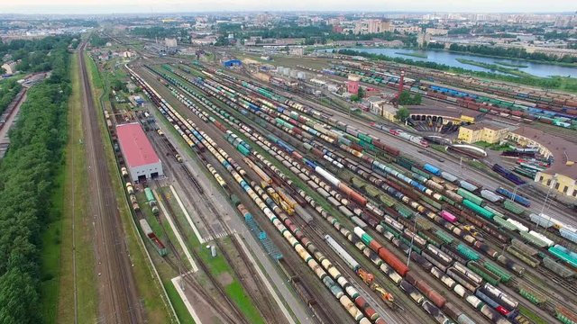 Railway yard with a lot of railway lines and freight trains, Rail freight marshalling yard, Russian Railways.