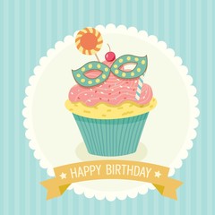 Illustration vector fantasy cupcake on blue background with yellow ribbon for party invitation greeting or happy birthday card.Bakery menu cake cafe.Cute style.