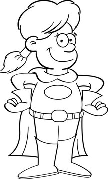 Black and white illustration of a girl in a superhero costume.