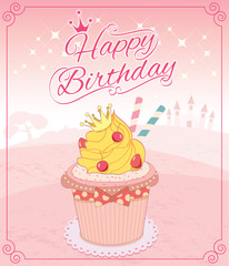 Illustration vector of cupcakes in princess theme concept for happy birthday card.Sweet pink background color.