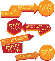 Hot discounts.Vector. Discount sticker. Offer sticker. A set of symbols, pointers, arrows. 