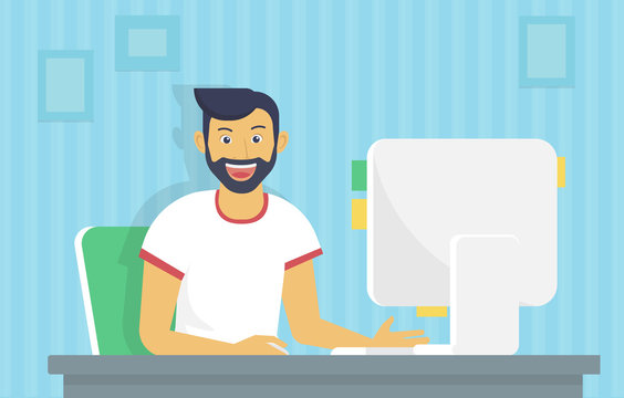 Man is working with computer. Flat fun illustration of happy student studying or working using pc at home desk. Young man reading email or coding a website at his desktop he is glad and smiling