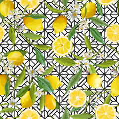 Seamless Pattern. Lemon Fruits Background. Floral Pattern. 
